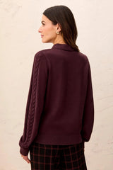 Tribal Women's Self Button Placket Collared Cable Sleeve Sweater - Plum Fudge