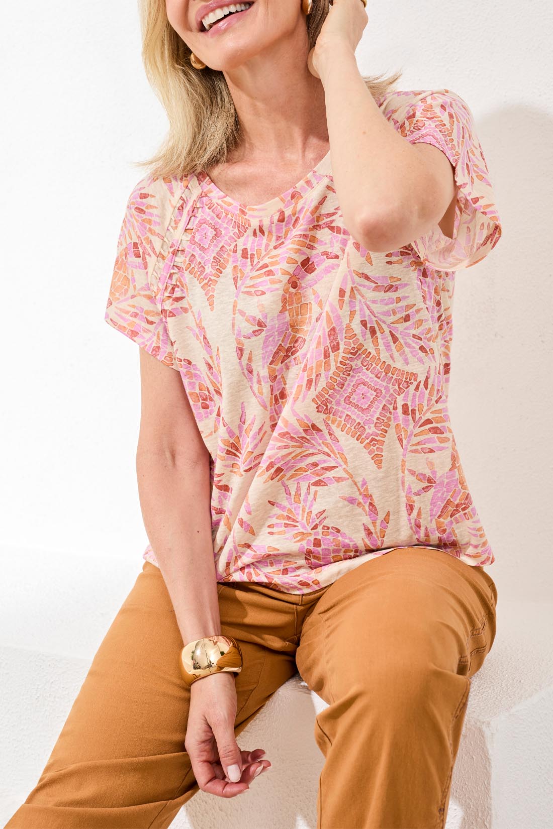 Tribal Women's Short Sleeve Scoop Neck Pleated Top - A&M Clothing & Shoes