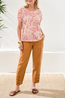 Tribal Women's Short Sleeve Scoop Neck Pleated Top - Terracotta