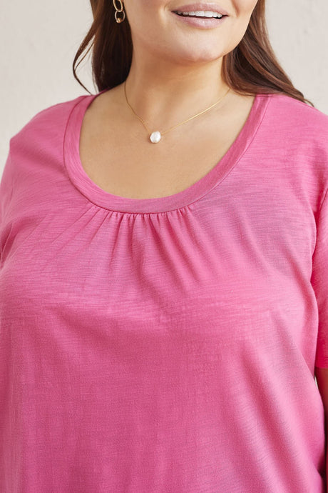 Tribal Women's Short Slv U-Neck Top Plus - Raspberry