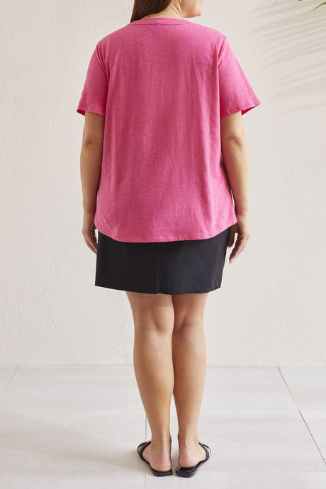 Tribal Women's Short Slv U-Neck Top Plus - Raspberry