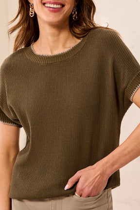 Tribal Women's Soft Cotton Blend Cap Sleeve Top With Topstitch - Basil
