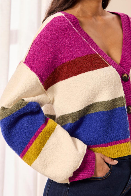 Tribal Women's Soft Knit Drop Shoulder V-Neck Cardigan - Cream Multi