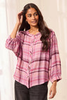 Tribal Women's Soft Waffle Knit Plaid Blouse With Puff Sleeve - Nostalgia