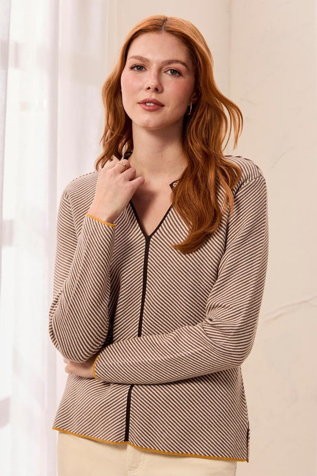 Tribal Women's Textured Diagonal Stripe Split Neck Sweater - Oatmeal