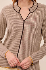 Tribal Women's Textured Diagonal Stripe Split Neck Sweater - Oatmeal