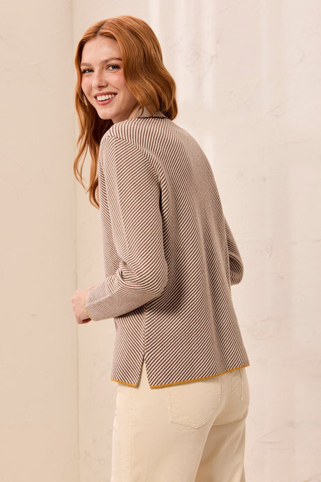 Tribal Women's Textured Diagonal Stripe Split Neck Sweater - Oatmeal