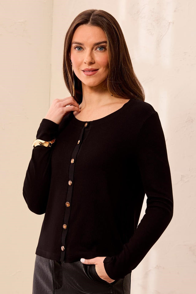Tribal Women's Wear 2 Ways Fancy Buttons Cardi Top - Black